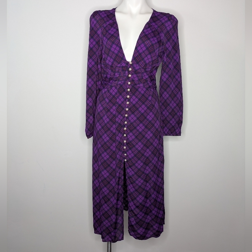NWT Rahi Trista Plaid Midi Purple Pearl Button V Neck Long Sleeve Midi Dress S